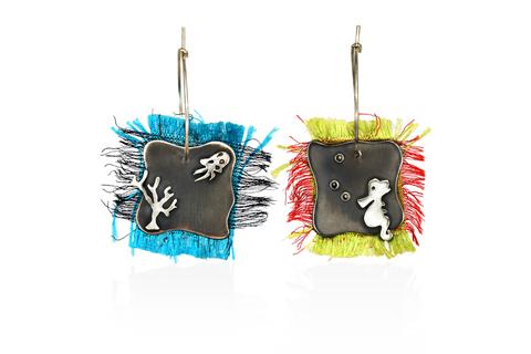 sterling silver hoop earrings with sea creatures and silk