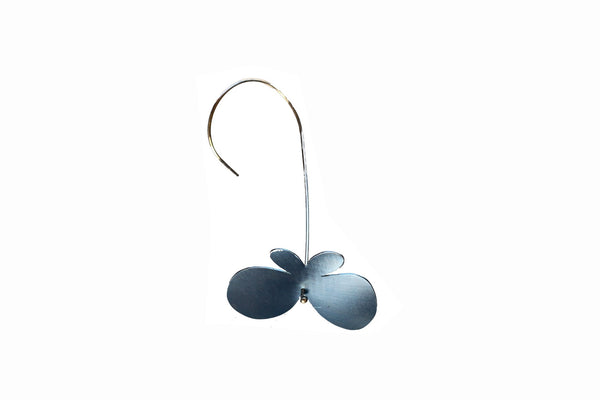 Butterfly earrings made of blue titanium with long silver hooks.