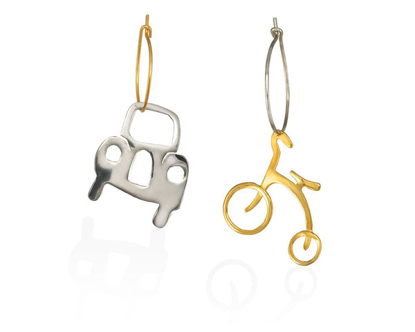 Hoop sterling silver earrings of a car on it's natural silver colour and a bike in bright gold-plated silver