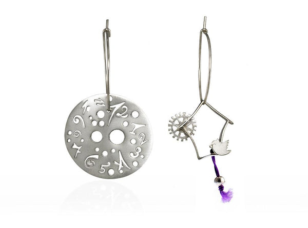 A clock without clockhands in a sterling silver hoop earring