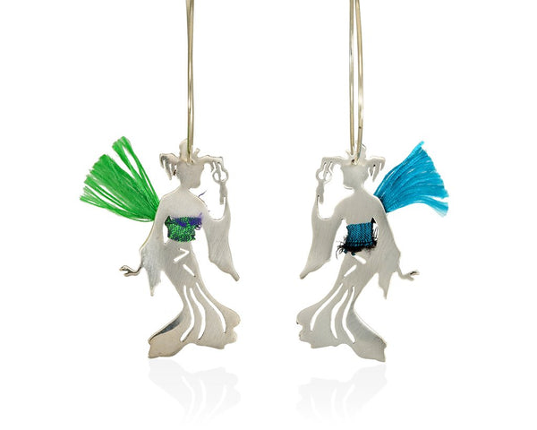 hoop sterling silver earrings appearring two Geishas with coloured silk belts