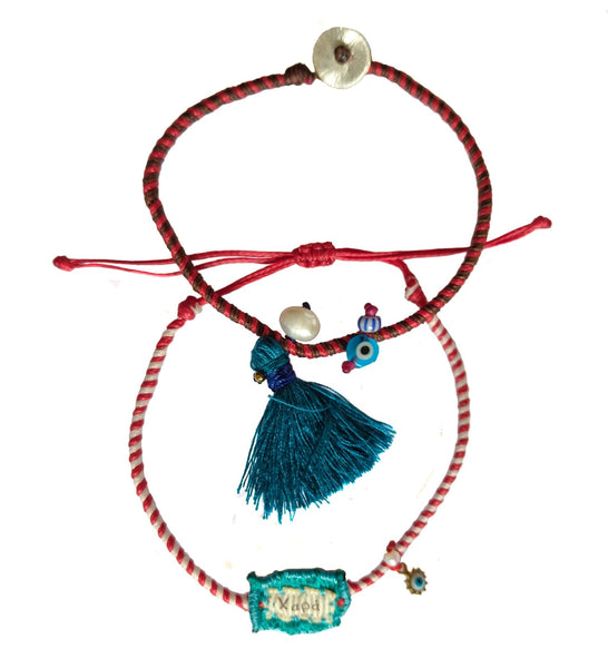 Handmade charm bracelets silk, fabric aand pearls, in blue and red shades