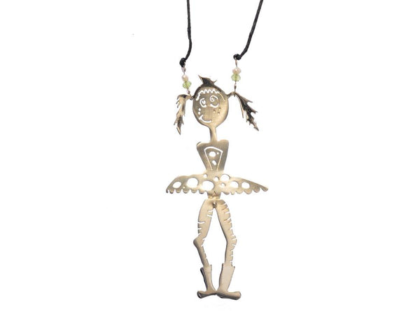 All the freshness of youth on a girl with skinny moving legs, high boots and short skirt. A string necklace made of sterling silver with small peridot gems, fresh-water pearls and polished details. And a crown of course!