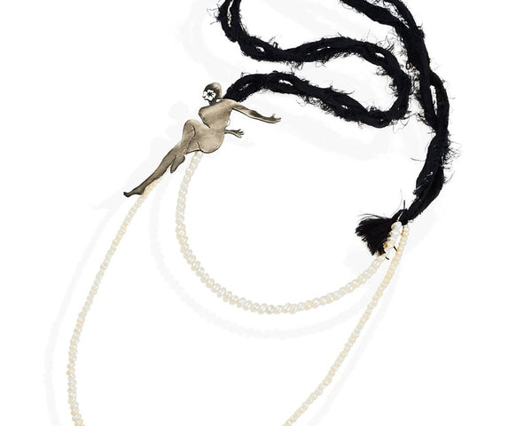 Impressive sterling silver necklace with fresh water pearls and silk. A beautiful figure of a lady dancer wearing only a flower in her hair!