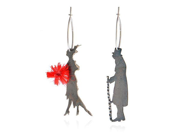 silver earrings of a vintage couple with red siillk details