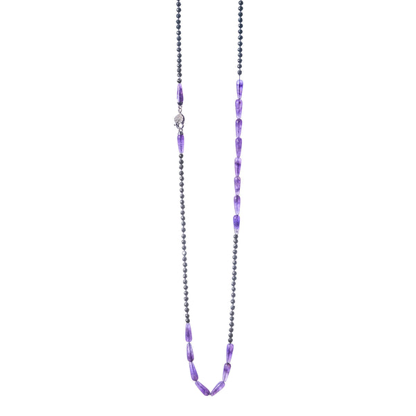 A long necklace made of drop-shape amethyst gems and hematite gems. The clasp is platinum-plated silver that gives classy and sophisticated aesthetic.