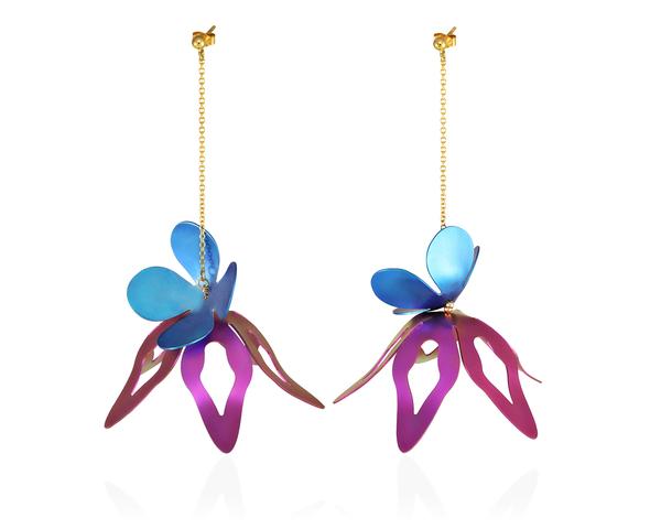 Chain earrings with blue & purple azalea flowers made of titanium, hanging from a lightweight golden chain.
