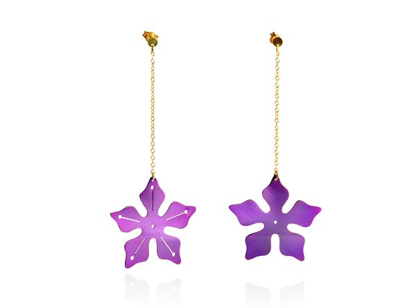 Long chain earrings with deep purple titanium star flowers and 14ct gold chain.