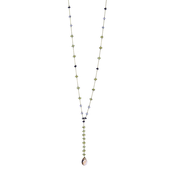 A chest-long necklace made of peridot, iolite and citrin gem stones, love and fantasy!   A celebration of green, blue and yellow, in a minimal, tender and yet very impressive visual effect. A tie-shape neclace with the drop-shape citrine at the end.