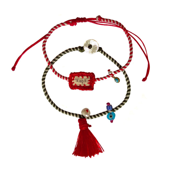 Handmade charm bracelets silk, fabric aand pearls, in red shades